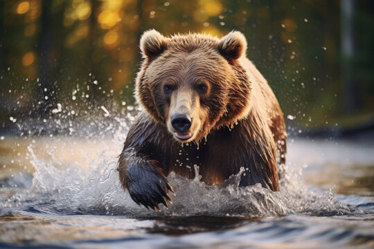 Brown bear charging through river.