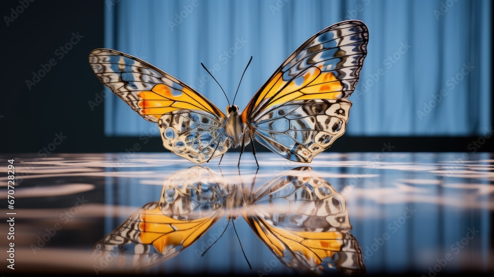 Aufkleber a close up of a butterfly on a surface with a curtain in the background and a reflection on the floo