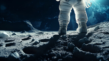 The astronaut's feet stand on the surface of the moon, rear view. Against the backdrop of a lunar landscape and a view of planet earth in space with copy space