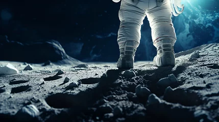 Foto op Aluminium The astronaut's feet stand on the surface of the moon, rear view. Against the backdrop of a lunar landscape and a view of planet earth in space with copy space © Tetiana