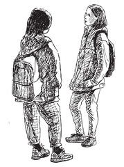 Sketch of two students girls standing and talking outdoors