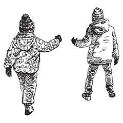 Sketch of two little children walking outdoors
