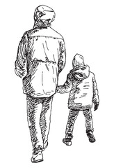 Fototapeta na wymiar Sketch of casual city man with her little child walking outdoors together 