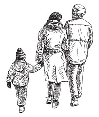 Outline drawing of young family casual citizens with little child walking outdoors