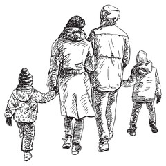Outline drawing of young family casual citizens with little children walking outdoors