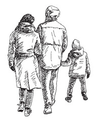 Sketch of young family casual citizens with little child walking outdoors