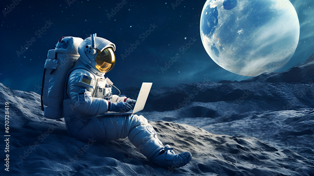 Wall mural An astronaut sits on the surface of the moon and uses his laptop against the backdrop of a space landscape with planets and stars with copy space. - Wall murals