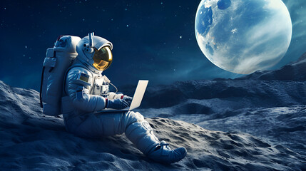 An astronaut sits on the surface of the moon and uses his laptop against the backdrop of a space landscape with planets and stars with copy space.