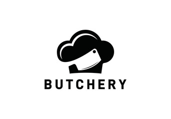 chef hat with butcher knife logo, food, restaurant, cooking symbol design vector