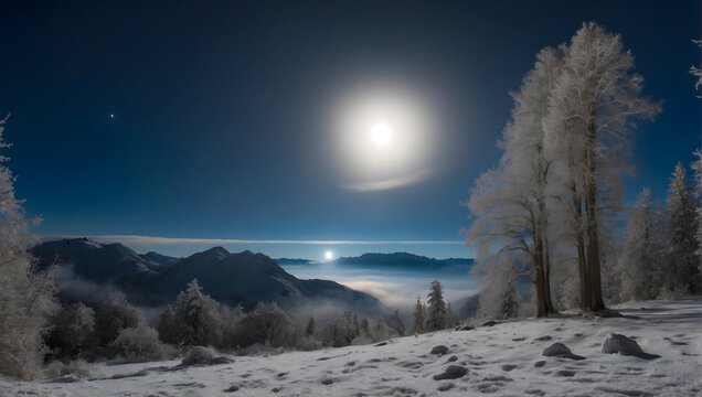 A halo around the moon on a clear, winter night.Generative AI