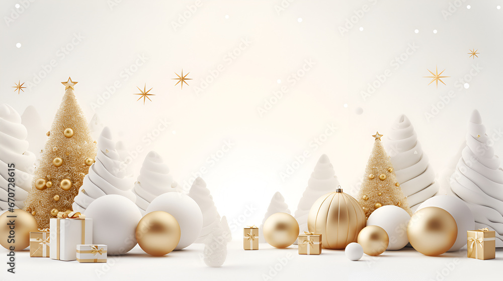 Wall mural christmas and new year background in white colors. white christmas trees with golden star in a snowy