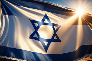 Israel flag waving in the wind against a beautiful sunset or sunrise sky - obrazy, fototapety, plakaty