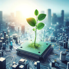 concept of nature emerging from a computer chip, signifying new life and an eco-friendly concept that combines technology with the natural world. - obrazy, fototapety, plakaty