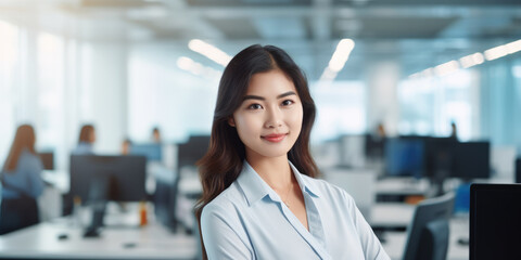 Fototapeta premium Glamorous oriental female boss with shoulder length hair and glasses, smiling in office environment