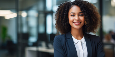 Obraz premium Glamorous black female boss with shoulder length hair and glasses, smiling in office environment