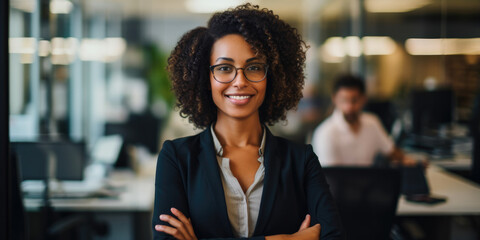 Glamorous black female boss with shoulder length hair and glasses, smiling in office environment - obrazy, fototapety, plakaty