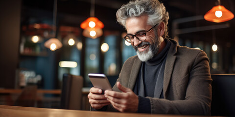 Fototapeta premium Man with grey hair and beard, laughing, looking at mobile telephone