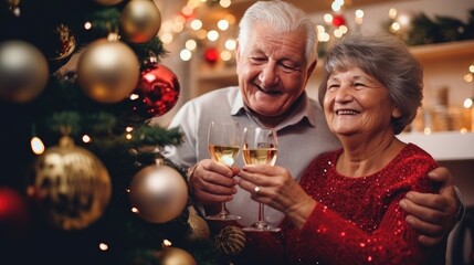 Couple of older people enjoying holiday wine with champagne at Christmas. Happy senior couple celebrating Christmas Eve - obrazy, fototapety, plakaty