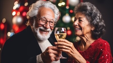 Couple of older people enjoying holiday wine with champagne at Christmas. Happy senior couple celebrating Christmas Eve