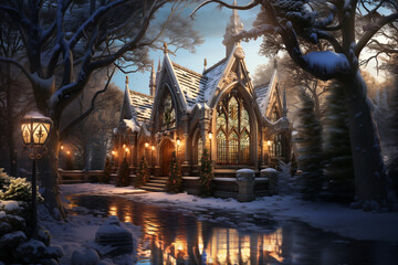 Snow Covered Church Christmas Card Style Scene