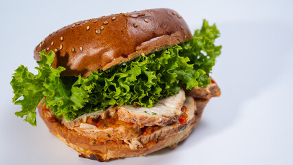 Various hamburgers, meat burgers for restaurant menu on white background. Isolated, close up view
