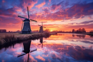 Windmills in Kinderdijk at sunset The Netherlands