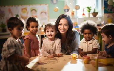 Group of school toddlers playing inside a kindergarten classroom with a woman teacher - obrazy, fototapety, plakaty