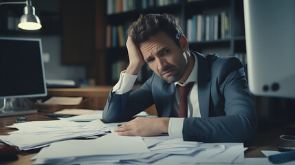 A businessman is frustrated with a backlog of work