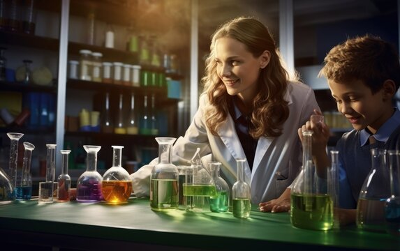 School teacher woman talking to school kids in uniform, inside a chemistry lab
