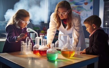 School teacher woman talking to school kids in uniform, inside a chemistry lab
