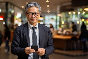 An elegantly dressed mature man with silver hair, wearing glasses and a suit, stands in a bustling indoor area while holding a smartphone.
