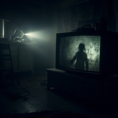 Fear with a spooky thumbnail showcasing a terrifying TV and its glowing eyes in the room's obscurity.