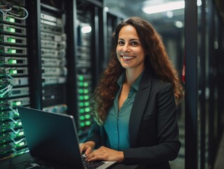 A confident woman with curly hair stands in a server room, holding a laptop. She exudes competence and expertise in a tech-dominated environment, hinting at her role in IT.