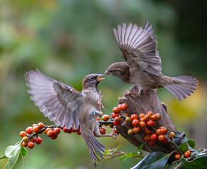 Sparrows with unusual acrobatics, fights and flights competing for food and territory