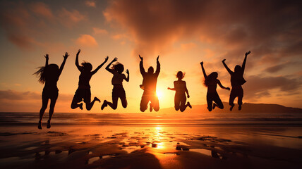 group of happy young friends dancing on beach at sunset - obrazy, fototapety, plakaty