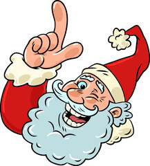 Santa claus points with his index finger. The direction of your efforts for the holiday. New Years Eve with the best mood.