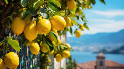 Bunches of fresh yellow ripe lemons on lemon tree branches in Italian garden - obrazy, fototapety, plakaty