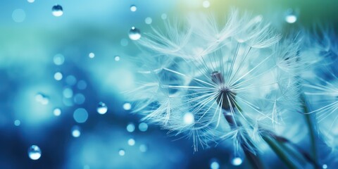 Dandelion Seeds in the drops of dew on a beautiful blurred background. Dandelions on a beautiful blue background. High Quality Image