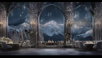 Fototapeten sehr große luxuriöse Lodge in den Bergen mit großen Fenstern bei Nacht mit weihnachtlicher Dekoration © SYLVIA