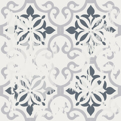 Seamless Azulejo tile with an effect of attrition. Portuguese and Spain decor. Ceramic tile. Seamless Victorian pattern. Vector hand drawn illustration, typical portuguese and spanish tile - 670732491
