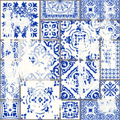 Seamless Azulejo tile with an effect of attrition. Portuguese and Spain decor. Ceramic tile. Seamless Victorian pattern. Vector hand drawn illustration, typical portuguese and spanish tile - 670732494
