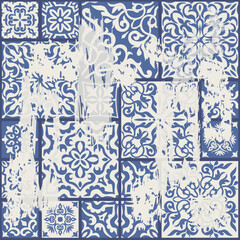 Seamless Azulejo tile with an effect of attrition. Portuguese and Spain decor. Ceramic tile. Seamless Victorian pattern. Vector hand drawn illustration, typical portuguese and spanish tile - 670732499