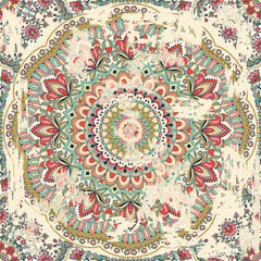 Seamless colorful floral hand drawn pattern with an effect of attrition. Circle ornament in retro colors. Traditional Oriental pattern, vector illustration.