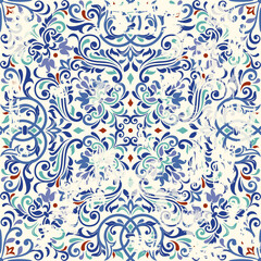 Seamless Azulejo tile with an effect of attrition. Portuguese and Spain decor. Ceramic tile. Seamless Victorian pattern. Vector hand drawn illustration, typical portuguese and spanish tile