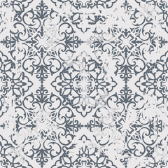 Seamless Azulejo tile with an effect of attrition. Portuguese and Spain decor. Ceramic tile. Seamless Victorian pattern. Vector hand drawn illustration, typical portuguese and spanish tile