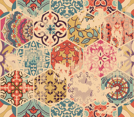 Traditional Oriental pattern, vector illustration. Ornament in retro colors. Seamless colorful floral hand drawn pattern with an effect of attrition. 