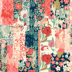 Traditional Oriental pattern, vector illustration. Ornament in retro colors. Seamless colorful floral hand drawn pattern with an effect of attrition. 