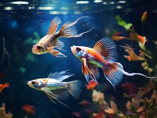 Guppies fish, Poecilia reticulata in the fish tank In the clear and bottom visible water. - obrazy, fototapety, plakaty