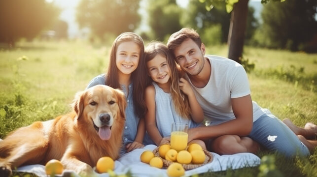 Portrait Of A Happy Young Family Couple With A Son And Daughter, And A Noble White Golden Retriever Dog Sitting On A Grass In Their Front Yard At Home. Cheerful People Looking At Camera And Smiling.