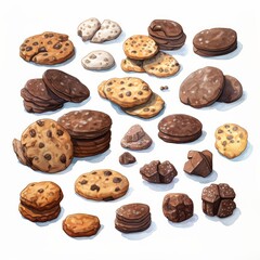 Diverse chocolate cookies adorned with cookie crumbs, offered in various shapes, sizes, and an assortment of lively colors.